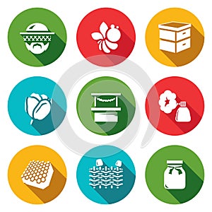 Vector Set of Apiary Icons. Beekeeper, Bee, Hive, Flower, Commerce, Smoke, Honey, Fence, Jar.