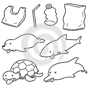 Vector set of aquatic animal and plastic