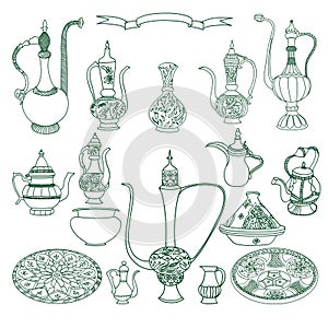 Vector set of arabic crockery. Oriental pottery dishes illustration.