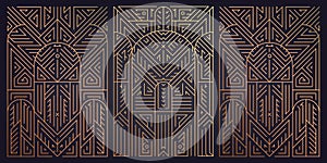 Vector set of arch art deco line borders, covers. Gold frames, decorative geometric labels. Linear ornament composition