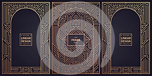 Vector set of arch art deco line borders, covers. Gold frames, decorative geometric labels. Linear ornament composition