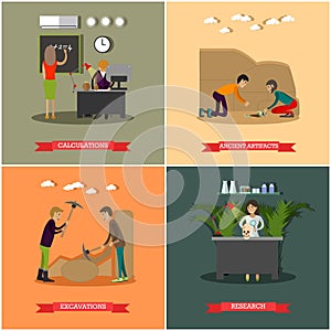 Vector set of archaeological excavations concept posters in flat style