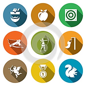 Vector Set of Archery Icons. Robin Hood, Apple, Target, Crossbow, Shooter, Wind, Amur, Medal, Squirrel.