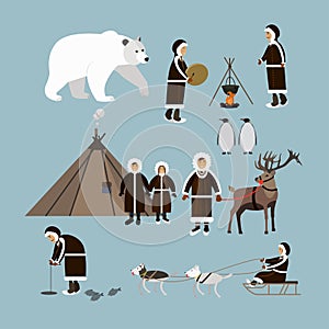 Vector set of arctic people and animals flat style icons photo