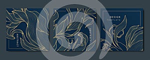 Vector set of art deco abstract luxury golden square cards, post templates for social net, leaves botanical modern, art