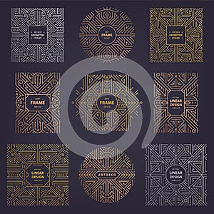 Vector set of art deco frames, line design patterns. Golden, silver, copper borders, luxury labels, abstract logos