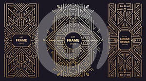 Vector set of art deco geometric frames, line gold borders, vintage luxury gatsby style ornaments. Retro elegant package