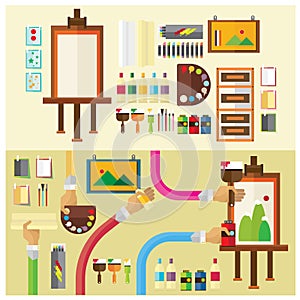 Vector set Art studio color paint flat illustration icon arm and han