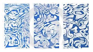 Vector, set of artistic abstract fluid backgrounds. Dynamic blue soft, wavy surface, illusion, curvature. Liquid paint on canvas