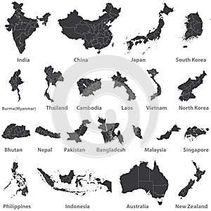 Vector set of asian maps with region borders, and also maps of Austealia and New Zealand