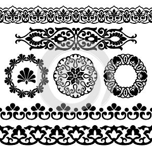 Vector set of Asian seamless tape, round and single patterns in the form of cotton in Uzbek national style. Black mockup on white photo