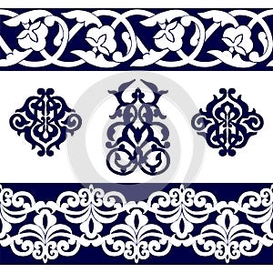 Vector set of Asian seamless tape, single patterns in the form of cotton in Uzbek national style