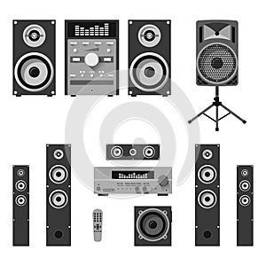 Vector set of audio and music systems icons. Loudspeakers on white background.