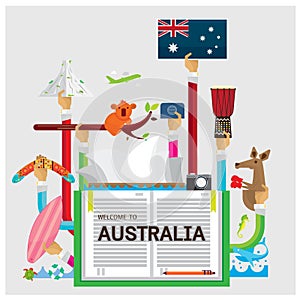 Vector set Australia Bear Cola boomerang server board flat illustrat