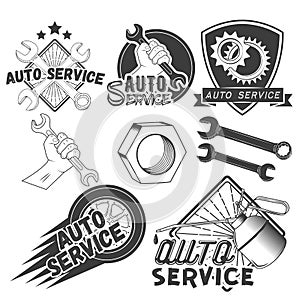 Vector set of auto service labels in vintage style. Car repair shop banners. Mechanic tools isolated on white background