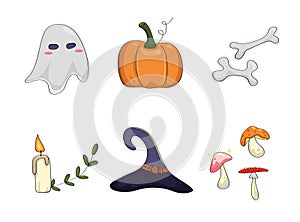 Vector set of autumn Halloween elements. Halloween cliparts with traditional symbols Perfect for party invitation, greeting card,