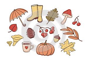Vector set of autumn icons: hand drawn fallen leaves, cup, mushrooms, rowan, acorn, umbrella, rubber boots, pumpkin