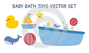 Vector set of baby bathtub and bath toys clipart