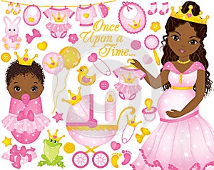Vector Set for Baby Girl Shower with Pregnant African American Woman and Baby Girl Dressed as Princesses