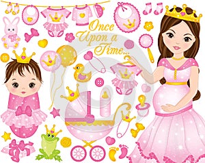 Vector Set for Baby Girl Shower with Pregnant Woman and Baby Girl Dresses as Princesses