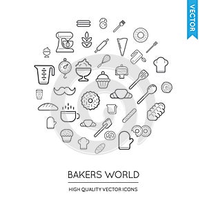 Vector Set of Bakery Modern Flat Thin Icons Inscribed in Round S