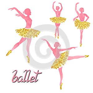 Vector set of of ballerinas in watercolor pink and glittering gold colors.
