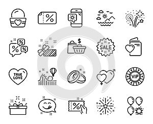 Vector set of Balloon dart, Wedding rings and Fireworks explosion line icons set. Vector