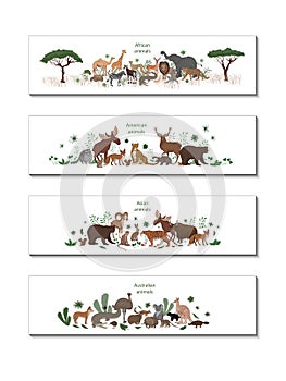 Vector set of banners with African, American, Asian and Australian animals. Okapi, impala, lion, chameleon, zebra, lemur