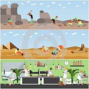 Vector set of banners with archaeological excavation and laboratory concept