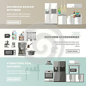 Vector set of banners with kitchen interior, accessories and furniture