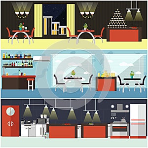 Vector set of banners with restaurant interiors. People having lunch in cafe. Kitchen, dining room