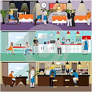 Vector set of banners with restaurant interiors. People having lunch in cafe.