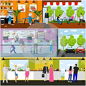 Vector set of banners with restaurant interiors. Smorgasbord party. Fast food restaurant, street cafe in flat style