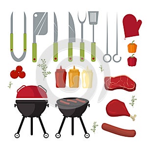 Vector set of barbecue and grill elements outdoors cooking dinner.
