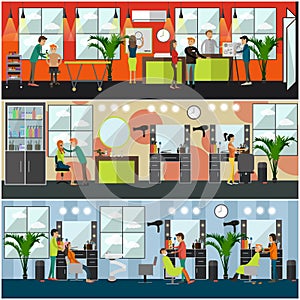 Vector set of barbershop and tattoo studio flat posters