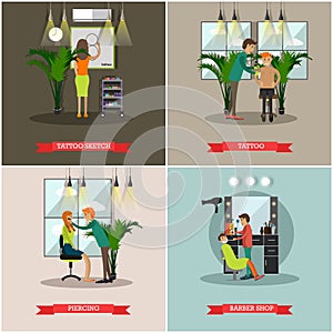 Vector set of barbershop and tattoo studio flat posters