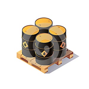 Vector set barrels isometric on wooden pallet. Isolated set of oil barrels icons. Flat 3d isometric illustration