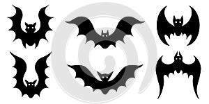 Vector set of bats. Isolated icons on a white background. Black silhouettes of predators. Flying bloodsuckers in various poses.