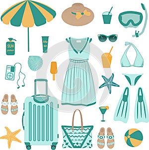 Vector set of beach accessories and clothing in blue and yellow tones