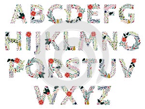 Vector Set of Beautiful Christmas or Winter Holidays Floral Alphabet