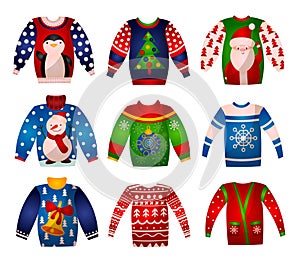 Vector set of beautiful cute Christmas sweaters with holiday decorations. Knitted winter lights