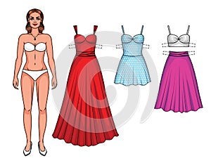 Vector set of beautiful European women with summer party clothes.