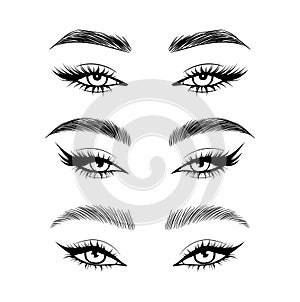 Vector set beautiful female eyes with long black eyelashes and brows close up.