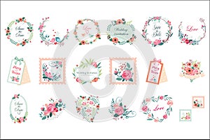 Vector set of beautiful floral frames, borders and labels. Save the date. Graphic elements for wedding invitation