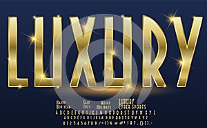 Vector set of beautiful gold alphabet letters, numbers and punctuation symbols. Art Deco thin style. Metallic gradient