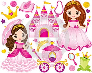 Vector Set of Beautiful Princesses and Fairytale Elements