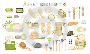 Vector set of beauty and hygiene Zero Waste Products. Brush, natural soap, organic package, menstrual cloths, pads and