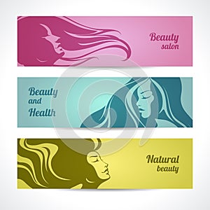 Vector set of beauty salon, cosmetics, spa banners labels cards design. Beautiful woman silhouette with long hair.