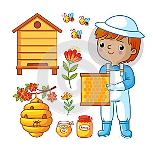 Vector set with bee apiary and boy.