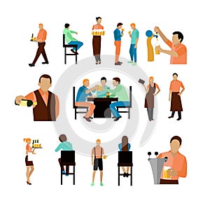 Vector set of beer bar workers and visitor isolated on white background. Restaurant icons, design elements.